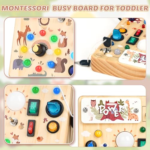 Image of Joyreal Wooden Busy Board for Toddlers - Montessori Toys for 1 2 3 Year Old | Wooden Sensory Board, Sensory Learning Activity, Toddlers Activity Travel Toys for Boy & Girl Birthday Gift (Forest Theme)