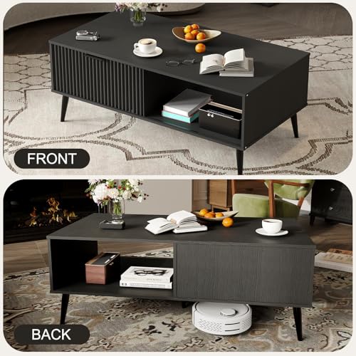 Coffee Table with Storage, Wooden Coffee Tables with Sliding Door and Solid Wood Legs, 2-Tier Cocktail Table, Mid Century Modern Coffee Table for Living Room, Home, Office, Farmhouse, Black
