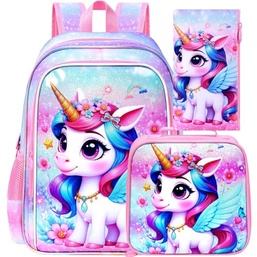 Image of CCJPX 3Pcs Unicorn Backpack for Girls, 16 inch Kids Bookbag with Lunch Box, Cute Water Resistant Schoolbag for Preschool Kindergarten Toddler(Purple)