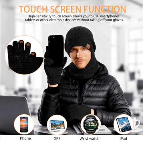 Tbintul Wintermütze, Schal und Touchscreen Handschuhe Set für Herren Damen, Fleecefutter Warme Knit Hut Loop Schal Rutschfeste Handschuhe, Elastische Mütze, für Herren & Damen (Schwarz)