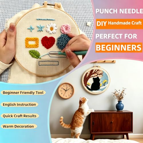 Image of DIY Punch Needle Kit Cactus Sunset with Hoop 20x20cm | with Pattern Stamped Easy for Beginners Embroidery Punch Needle Starter Craft Set for Adults Festival Gift and Decoration