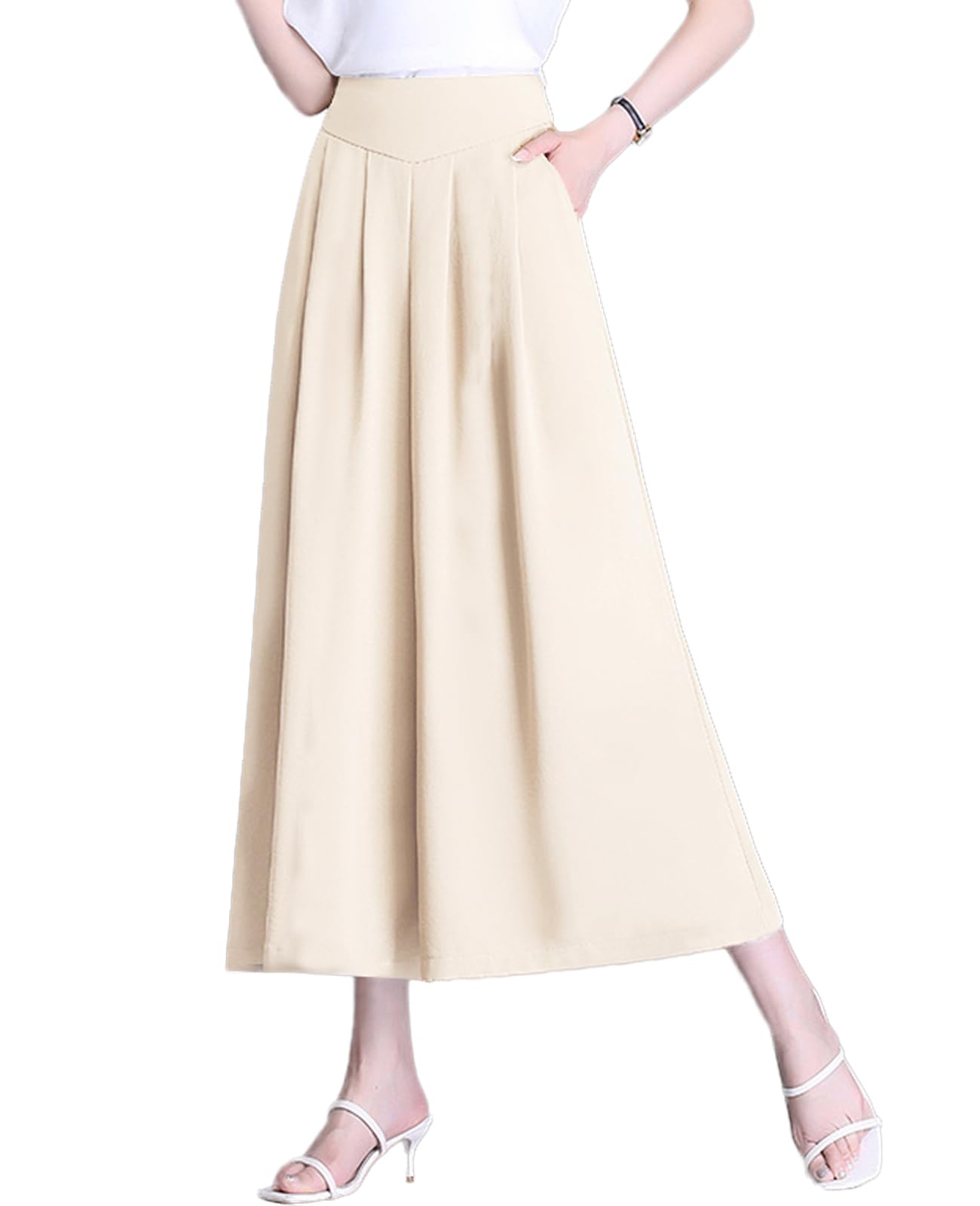 ThCreasa Womens Solid Back Elastic Waist Culottes Pants Cotton Linen Wide Leg Palazzo Cropped Trousers with Pockets