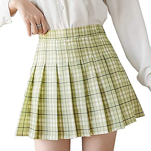 Saia plissada de cintura alta para meninas, uniforme evasê, saia escolar com forro, Xadrez verde, M