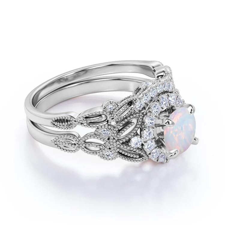 Vintage Art Deco 1.25 Carat Fire Opal Round Cut Engagement Ring Set ,18K Rose Gold Opal Ring , Rose Flower Wedding & Anniversary Ring Promise Ring For Women & Ladies Partywear Gemstone Ring Gift For Her {BL-OPL-122}2