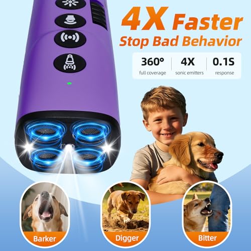 4X Ultrasonic Dog Bark Deterrent Device, 2026 Newest Stop Neighbors Dog Barking, 4 Nozzles Up 100% Efficiency, 3 Modes Humane Training Tool with Flashlight , Safe for Pet Indoor Outdoor(Purple) — view 2