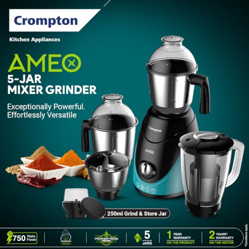 Image of Crompton Ameo 750W 5 Jar Mixer Grinder | Easy to Clean Special Grind and Store Jars | Powertron Motor | Brand Warranty: 2 Years on Motor & 1 Year on Product