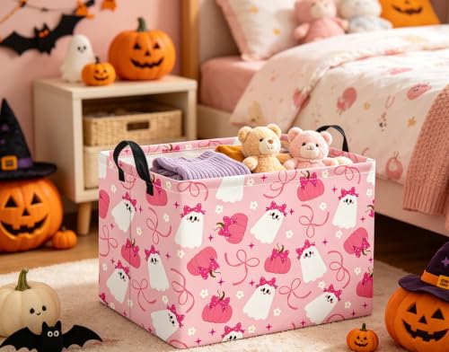 Image of Halloween Basket Cute Baskets for Kids Pumpkin Basket Rectangular Storage Bin Organizer Box Room Decor(Pink Bowknot Ghost)