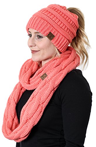 Messy Bun Beanie Tail Matching Scarf Set Bundle - Coral