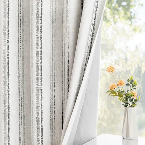 Image of MYSKY HOME Striped Curtains 100% Blackout 96 Inches Long Grey Ticking Stripe Pinstripe Patterned Linen Farmhouse Double Layer Thermal Insulated Drapes for Living Room, Grommet, 2 Panels, 52 inch Wide