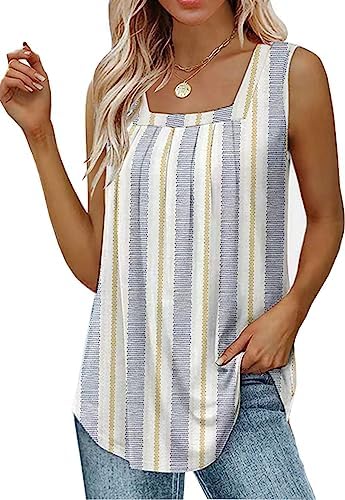 Naivikid Tank Tops for Women Pleated Flowy Summer Sleeveless Tops Casual Square Neck Shirts S-XXXL