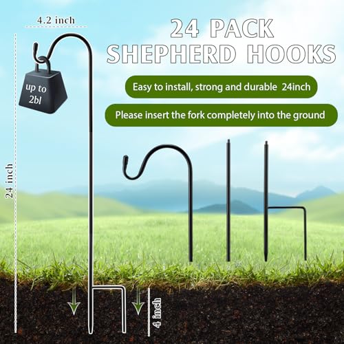 Image of 24 Pcs 24 Inch Shepherds Hook for Outdoor Adjustable Bird Feeder Pole Metal Steel Shepard Hooks for Hummingbird Stand Feeder Pole for Garden Plant, Lantern, Hanging Wedding Decor