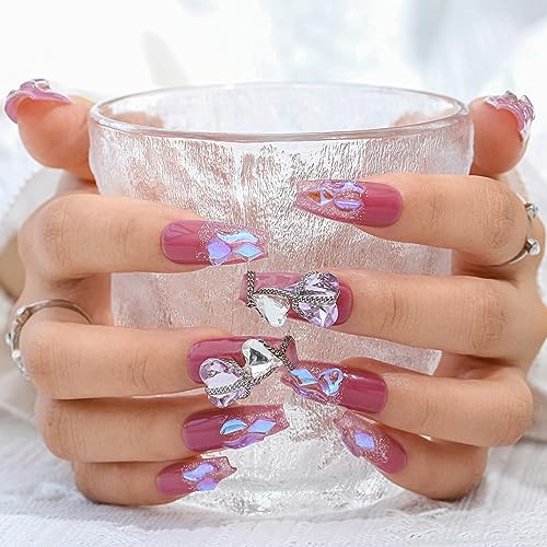 Sethexy Purple Rhinestone Handmade Fake Nail 3D Crystal Long Coffin False Nails Glitter Press on Nails Salon Durable Nails for Women and Girls (6) - Image 2
