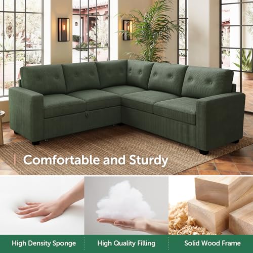 Image of HONBAY 5-Seater U-Shaped Sectional Sleeper Sofa with Pull-Out Bed, Corduroy Sectional Sofa for Living Room, Green