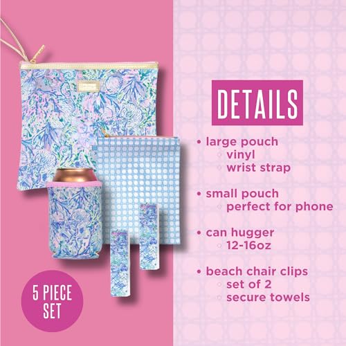 Lilly Pulitzer Water Resistant Vinyl Beach Day Pouch, Zipper Bag Includes Drink Hugger, Small Pouch, and Towel Clips3
