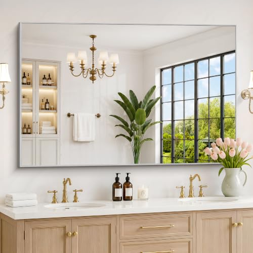 Image of DESBING 60 inch x 40 inch Bathroom Mirror, Silver Metal Frame Wall Mirror | HD Image,Shatterproof Decorative Rectangular Vanity Mirror for Bedroom Bathroom Living Room Entryway Horizontal or Vertical
