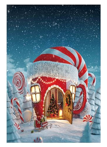 Funnytree 5x7ft Christmas Candy Cup House Photography Backdrop Snow Pine Tree Red and White Stripes Background Children Newborn Baby Portrait Photo Studio Photobooth Props