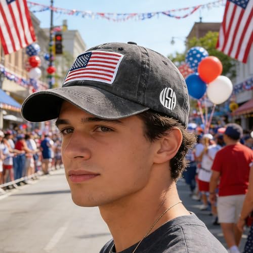 Image of IZUS Women USA-Flag Baseball-Cap American Patriotic Baseball Hats Men's Distressed-Cotton Dad-Hat for Adult Teens