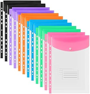 12 Pack Clear Punched Pockets A4 Plastic Folders Wallets Document Files Popper Wallets with Pocket, 11 Hole Ring Binder Files