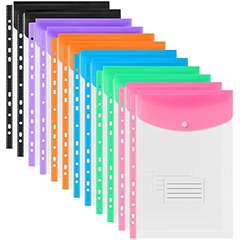 12 Pack Clear Punched Pockets A4 Plastic Folders Wallets Document Files Popper Wallets with Pocket, 11 Hole Ring Binder Files Cover