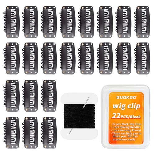 Guokoo 22 pcs 32mm Hair Extensions Clip Ins 6-Teeth U-Shape Black Hair Clips with DIY Needle and Thread Kit - Snap Hair Clips for Wig Clips