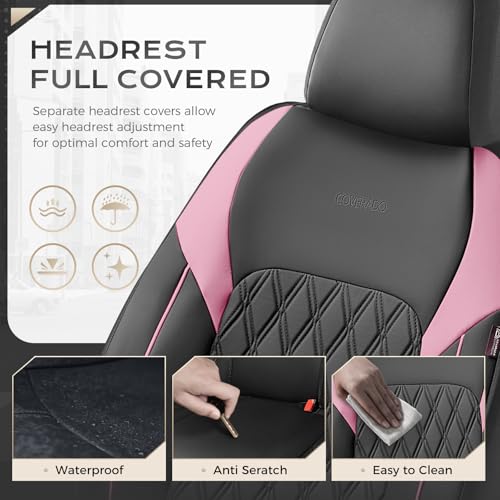 Image of Coverado Leather Seat Covers, Waterproof Car Seat Covers Front Seats, Luxury Front Car Seat Covers Faux Leather Car Seat Protector, Automotive Car Seat Covers Universal Fit Most Cars Truck, Black&Pink