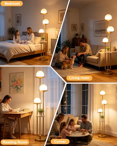 Image of 3-Globe Floor Lamp with Shelf 63IN Mid Century Modern Floor Lamps Dimmable with 3000K Soft Warm White Bulbs for Wedding /Party, Gold Tall Standing Lamp for Living Room /Bedroom