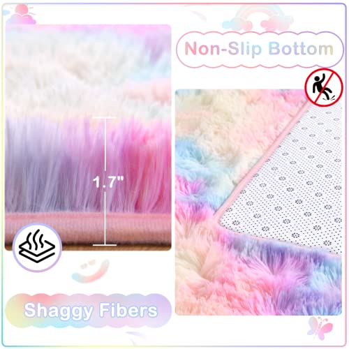 Ompaa Soft Fluffy Rainbow Kids Rug For Girls Bedroom Carpets, Pastel Unicorn Room Decor, Kawaii Tie Dye Rugs For Teens Dorm Aesthetic, Shaggy Nursery Area Rug For Baby Toddler Princess Room, 3X5 Feet #TOP1
