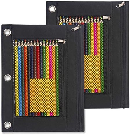 Sooez Binder Pouch, 2 Pack Pencil Pouch 3 Ring Fabric Pencil Pouches Black Pencil Case Pencil Bags,Pencil Bags with Zipper, Zippered Pencil Pouch for 3 Ring Binder (Black)