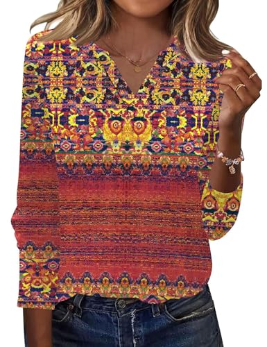 Micoson Long Sleeve Boho Shirts for Women Floral Print Graphic Tees V Neck Bohemian Clothes for Women Fall Outfits 2025