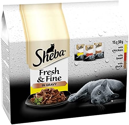 SHEBA Fresh & Fine Adult Wet Cat Food Pouches Mixed (All 8 Flavours) in Gravy (Pack of 3) - Total 45 Pouches x 50g - Chicken, Poultry, Turkey, Beef, Duck, Salmon, Cod, Tuna and a Creamy Snack