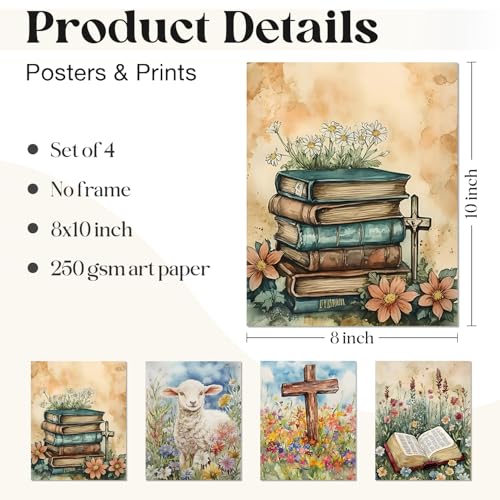 Image of WEFKODO Vintage Christian Flower Bookish Decor Wall Art, Retro Christian Pictures Wall Decor for Home Bathroom Reading Room Church Bedroom, Spring Summer Sheep Posters Prints
