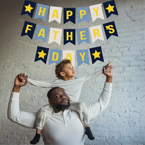 Image of Happy Father's Day Glitter Black Beer Bunting Banner for Dad Father's Party Decorations Backdrop Garland for Father's Day (Dark Blue Light Blue)