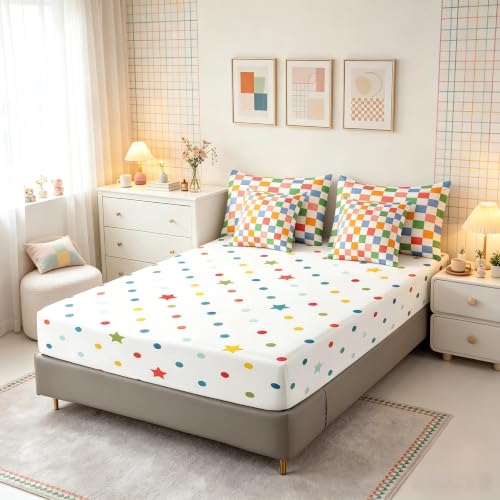Image of Feelyou Checkered Retro 7 Piece Bedding Set Teen Women Men Rainbow Colorful Plaid Comforter Set with Sheets Twin Size Kids Boys Geometric Vintage Bed in a Bag Modern Groovy Aesthetic Room Decor