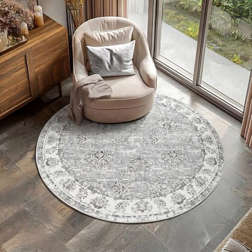 Tapete redondo floral vintage 5 pies gris miniatura 1