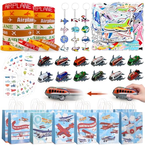 VAMWOGO Airplane Party Favors Themed Birthday Decorations Pilot Air Plane Airliners Fighters Jets Supplies Include Keychains Bracelets Goodie Bags Stuff Stickers Game Toy Gifts Set for Pinata Filler