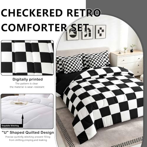 Image of Feelyou Checkered Retro 7 Piece Bedding Set Teen Women Men Black White Plaid Comforter Set with Sheets Twin Size Kids Boys Geometric Vintage Bed in a Bag Modern Simple Groovy Aesthetic Room Decor