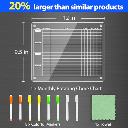 Image of PigPotParty Acrylic Magnetic Monthly Chore Chart for Multiple Kids Roommates - 12 inchx9.5 inch Rotating Weekly Task Board for Kids Students Families, Clear Dry Erase Fridge Chart, w / 8 Markers & 1 Towel