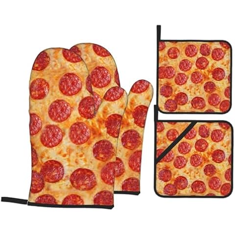 Pizza Print Oven Mitts and Pot Holders Sets Set of 4，Resistant Hot Pads Non-Slip Cotton Lining Gloves for Kitchen Baking Cooking Grilling Cover