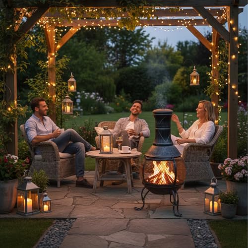 Relaxdays Aztekenofen, Schürhaken, Holzrost, Funkenschutzgitter, Garten, Terrasse, Antik Terrassenofen, Höhe 89 cm, grau