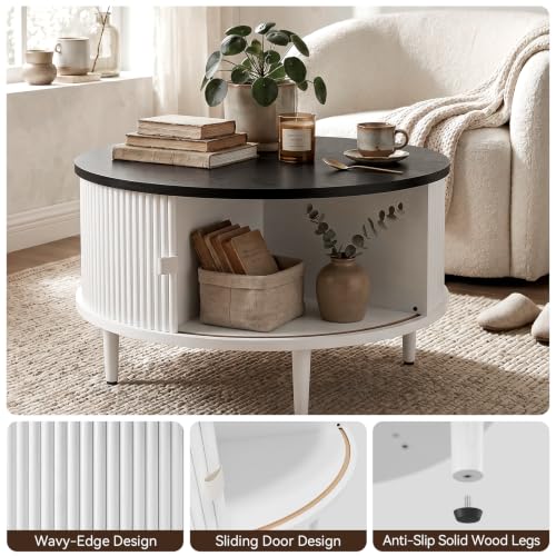 Image of Round Lift Top Coffee Table, 31.5 Inch Farmhouse Center Table with Hidden Storage & Sliding Door, Fluted White Drum Table for Living Room