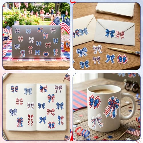 Image of Patriotic Bow Stickers Roll - 16 Unique Red White Blue Vinyl Self Adhesive Durable Waterproof Decals for Scrapbooking Laptop Water Bottle Independence Day 4th of July Party Craft Supplies