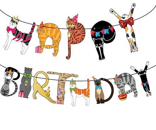 Image of Happy Birthday Cat Banner Garland - Cute Kitten Birthday Party Decorations for Kitten Lovers | Colorful Cat Themed Party Supplies for Kids, Girls, Boys | Funny Cats Breed Bunting Decor