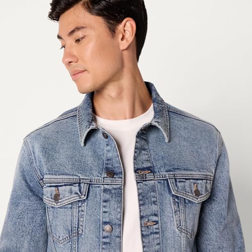 Image of Amazon Essentials Men's Heavyweight Low Stretch Regular-Fit Denim Jacket with Chest Patch Pockets, Shank Buttons, Adjustable Side Tabs
