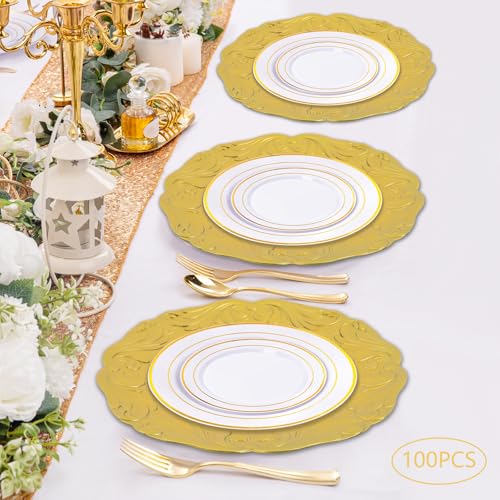100 Platos Cargadores Redondos de Plástico 12.8'' Dorados miniatura 7