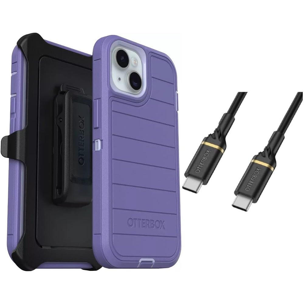 OtterBox iPhone 15 (Only) Bundle: - Defender Series Case - Mountain Majesty (Purple) - Holster Clip Included - Microbial Defense Protection - USB-C to