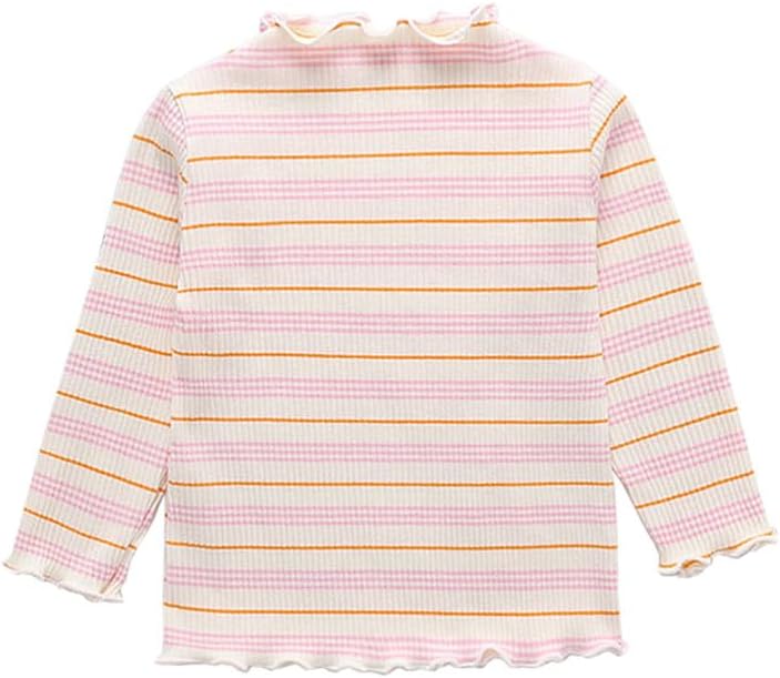 HAOLUKI Toddler Baby Girls Long Sleeve Striped T Shirt Casual Lettuce Trim Ribbed Knit Pullover Blouse Top