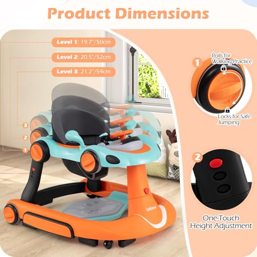 INFANS 6-in-1 Foldable Baby Walker, Converts Push Car to Bouncer, Rocker with Music, Lights, Adjustable Height & Speed, Activity Center, Canopy for 7-18 Months (Orange)