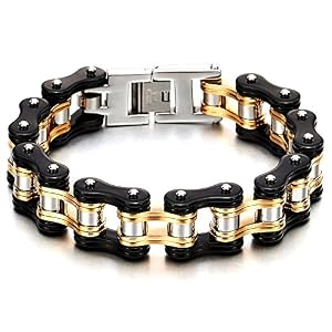 COOLSTEELANDBEYOND Masculine Mens Bike Chain Bracelet of Stainless Steel Two-Tone Polished