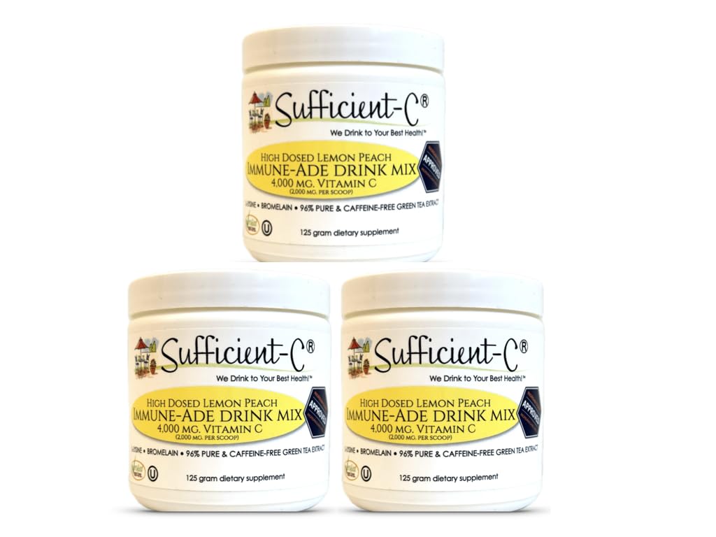 Sufficient-C High Dose Vitamin C Lemon Peach Immune-Ade Drink Mix - 125 gram Three (3) Pack