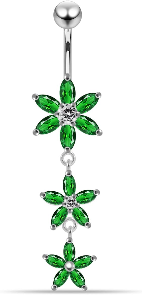 Stylish Tri Flower Style Dangling Design 925 Sterling Silver with Stainless Steel Belly Ring - Belly Button jewelry - Navel jewelry